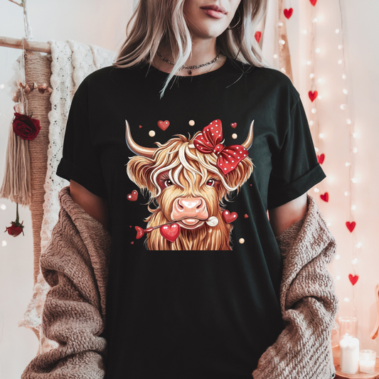 Valentine Highland Cow-Black Tee